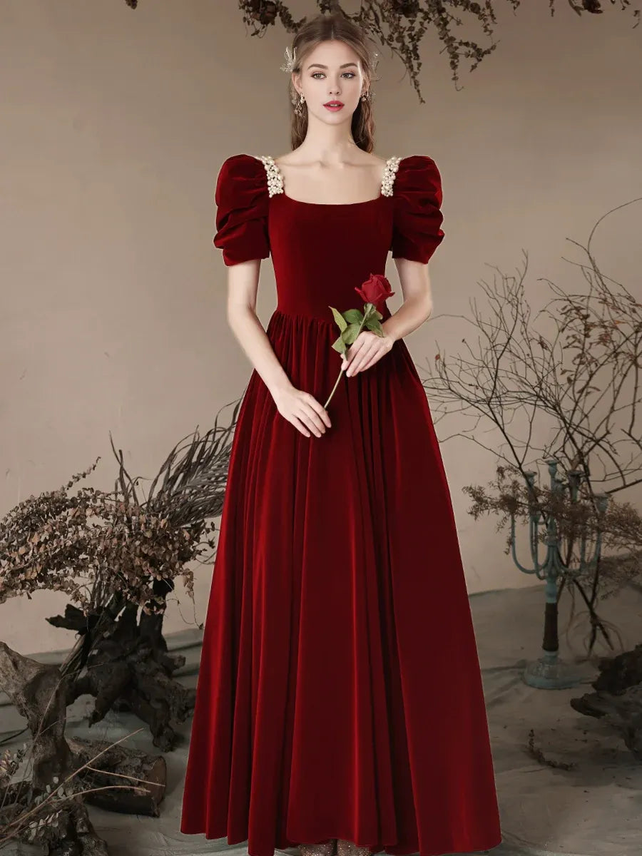 Wholesale A- Line Velvet Burgundy Long Prom Dress Burgundy Long Formal Dress gowns evening dresses
